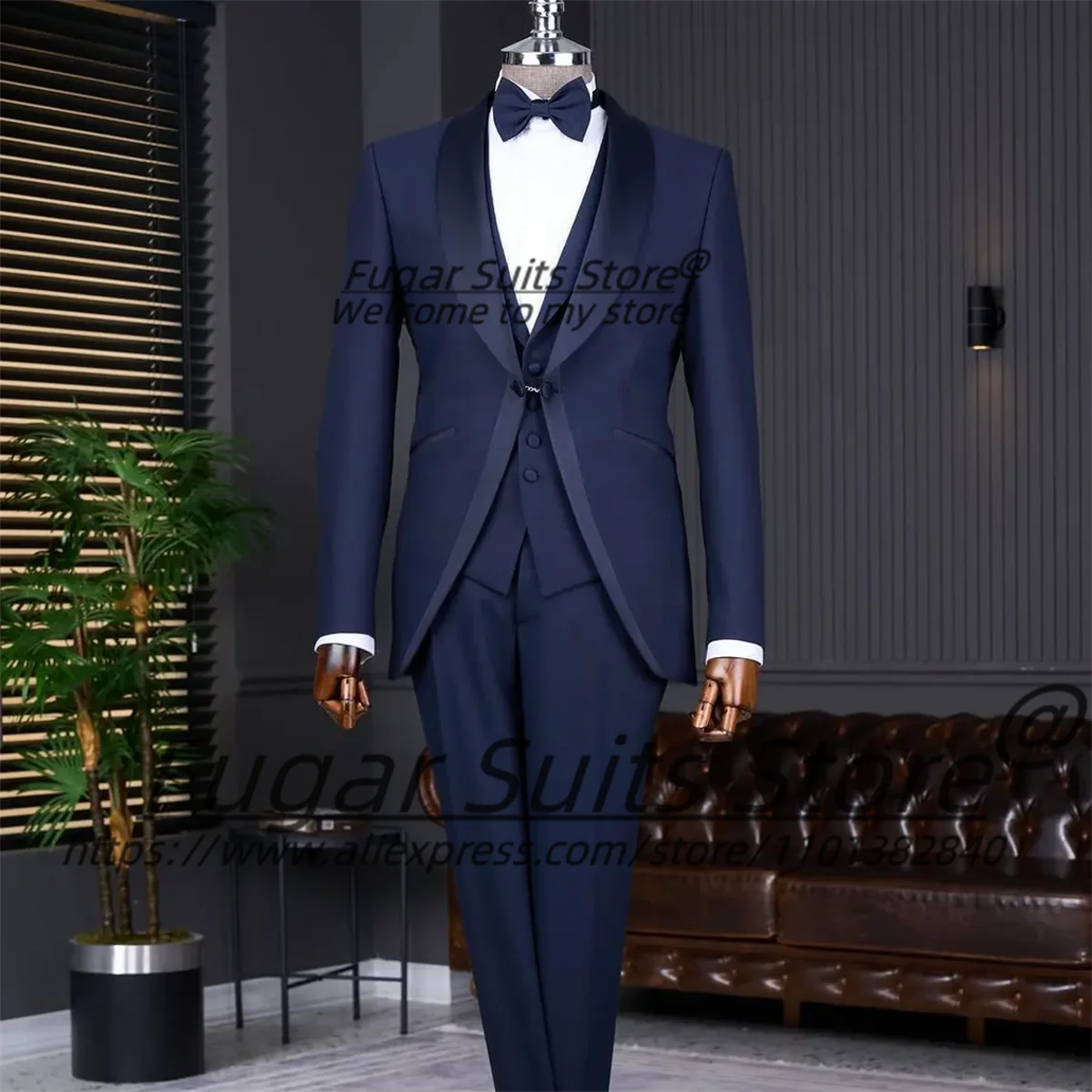 

Luxuly Navy Blue Groom Wedding Tuxedos Customized Slim Shawl Lapel Men Suits 3Pieces Sets Male Elegant Blazers Prom Ropa Hombre