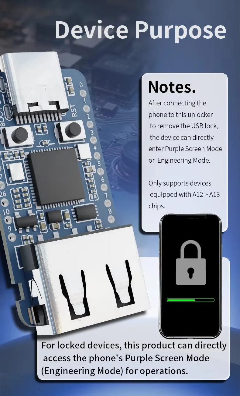WL A12/A13 USB Unlock Module for IPhxne XR/XS/11 IPad Purple Screen Mode No Disassembly Plug and Play Read Write Repair Tool