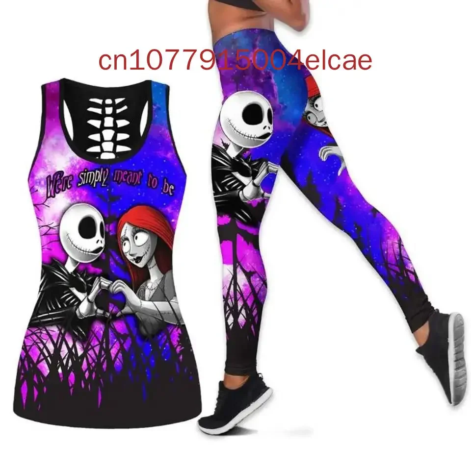 Disney halloween horror noites jack skellington e sally colete oco feminino + leggings terno de yoga fitness leggings terno esportivo