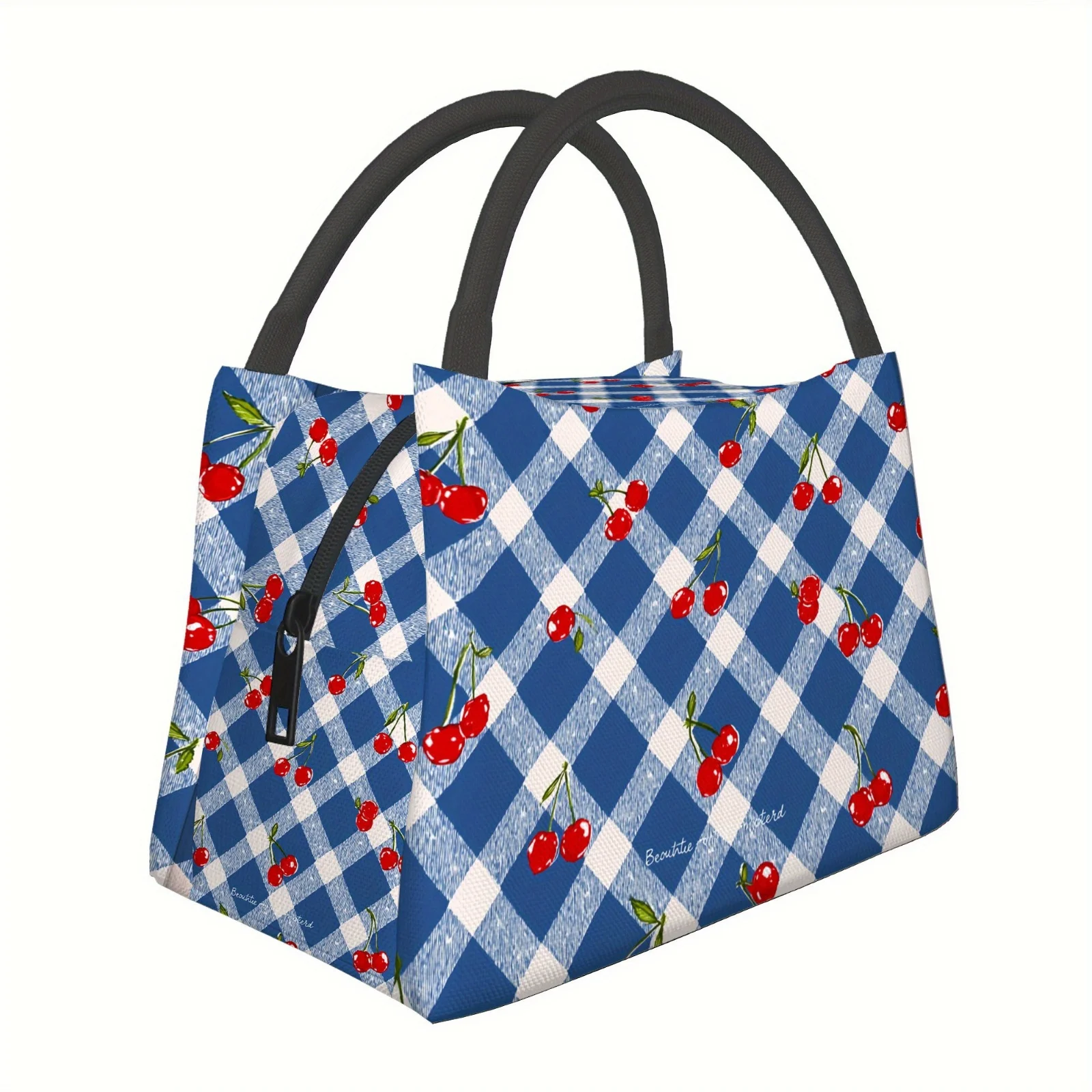 1pc a Thermal Bag Featuring Cherries on a Blue Checkered Background. This Insulated Bag Is Not Intended for Direct Food