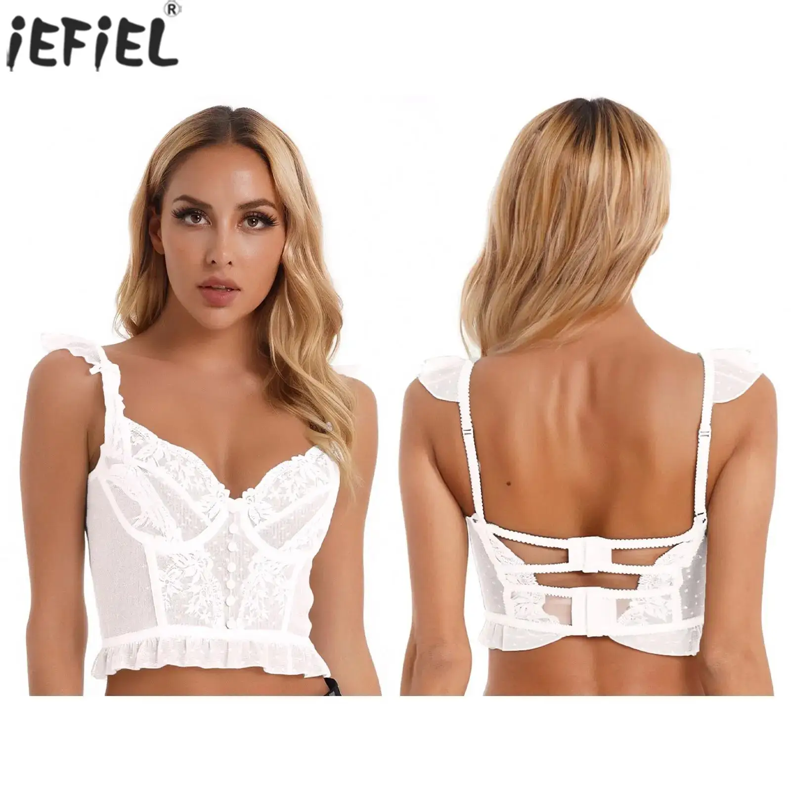 

Sexy Lace Trim Embroidery Bra Vest Adult Female Spaghetti Straps Push-up Corset Vest Top Sheer See Through Underwear Shapewear