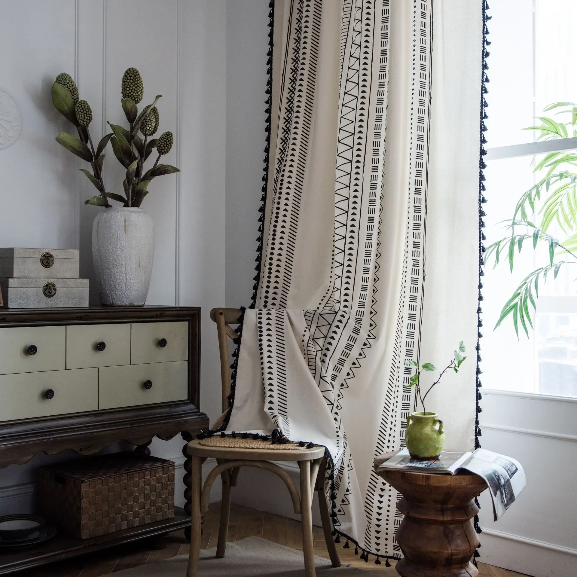 Bohemian Geometric Tassel Window Curtains for Living Room Luxury Decor Semi-shading Cotton Blend Farmhouse Boho Style Drapes Rod