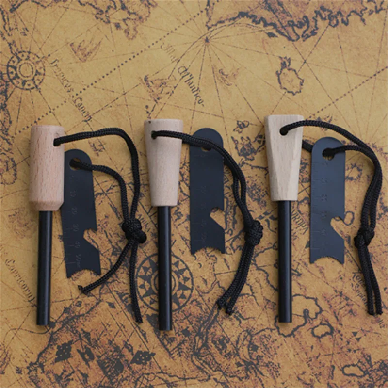 

New Outdoor survival flint umbrella rope set, wooden handle magnesium rod multifunctional scraper, outdoor camping fire tool