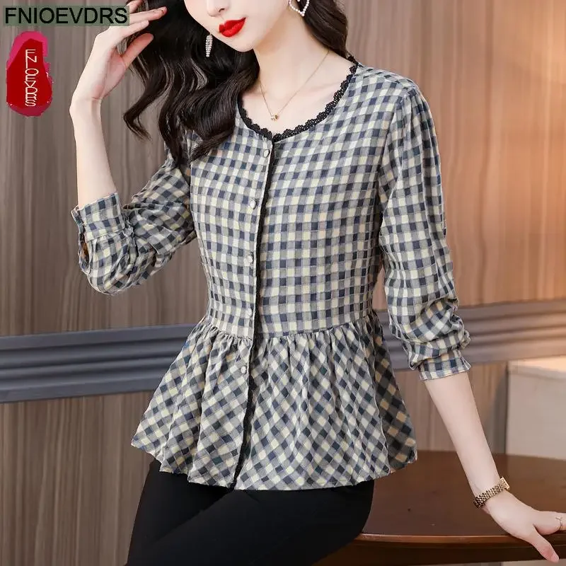 S-3XL 2024 Women Fall Autumn Elegant Office Lady Work Button Plaid Shirt Casual Slim Ruffles Tunic Peplum Tops And Blouses