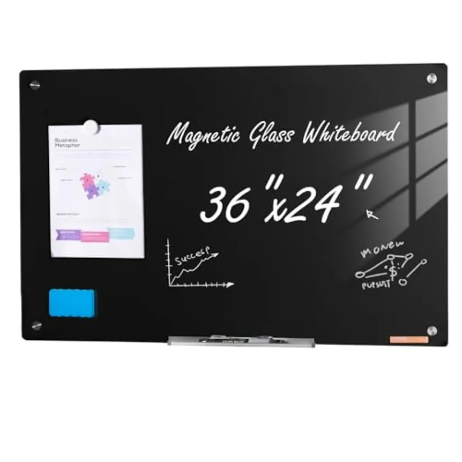 

Магнитная стеклянная доска для сухого стирания 36x24 дюйма, настенная, большая, безрамная, со стаканчиком для маркеров и ластиком