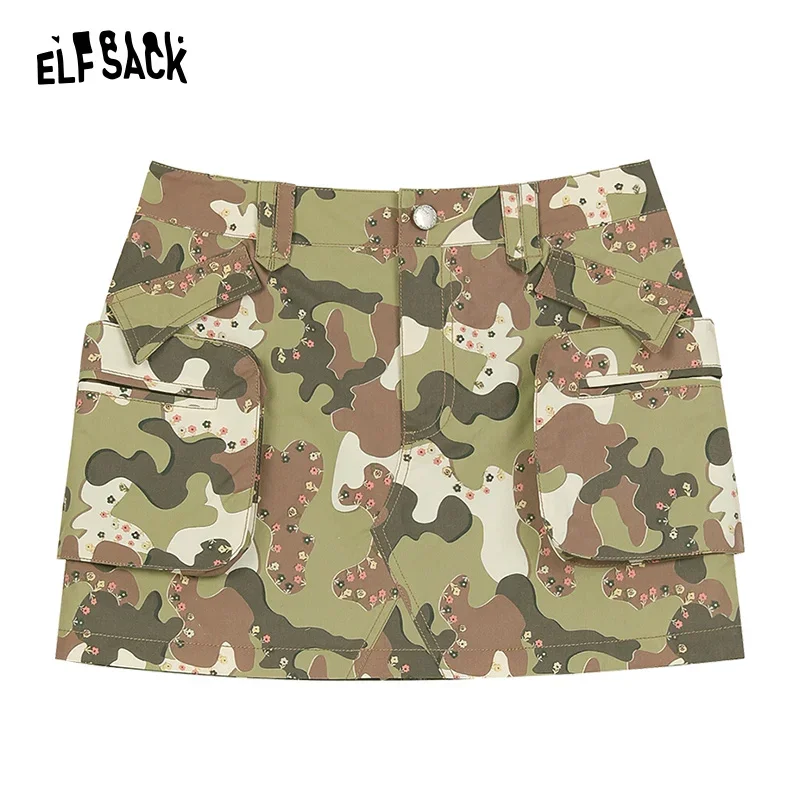 ELFSACK 2024 Summer New Arrivals Camouflage workwear midi skirt for women, high waist A-line large pocket design, short skirt
