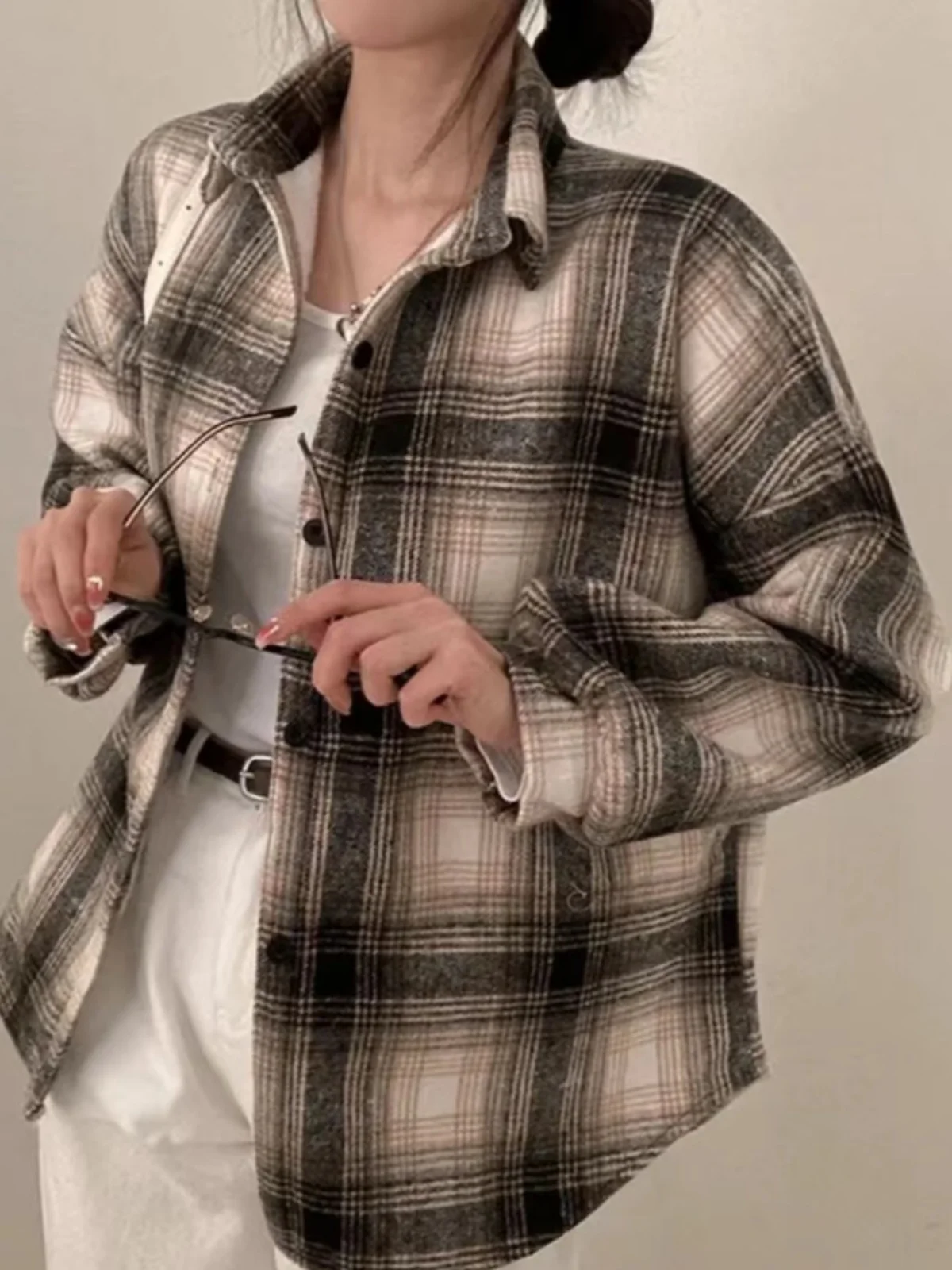 

Korean Style Plaid Shirt Coat Women's Winter Design Unique Long Sleeve Fleece Lined Thickened Wool Blend Open Cardigan