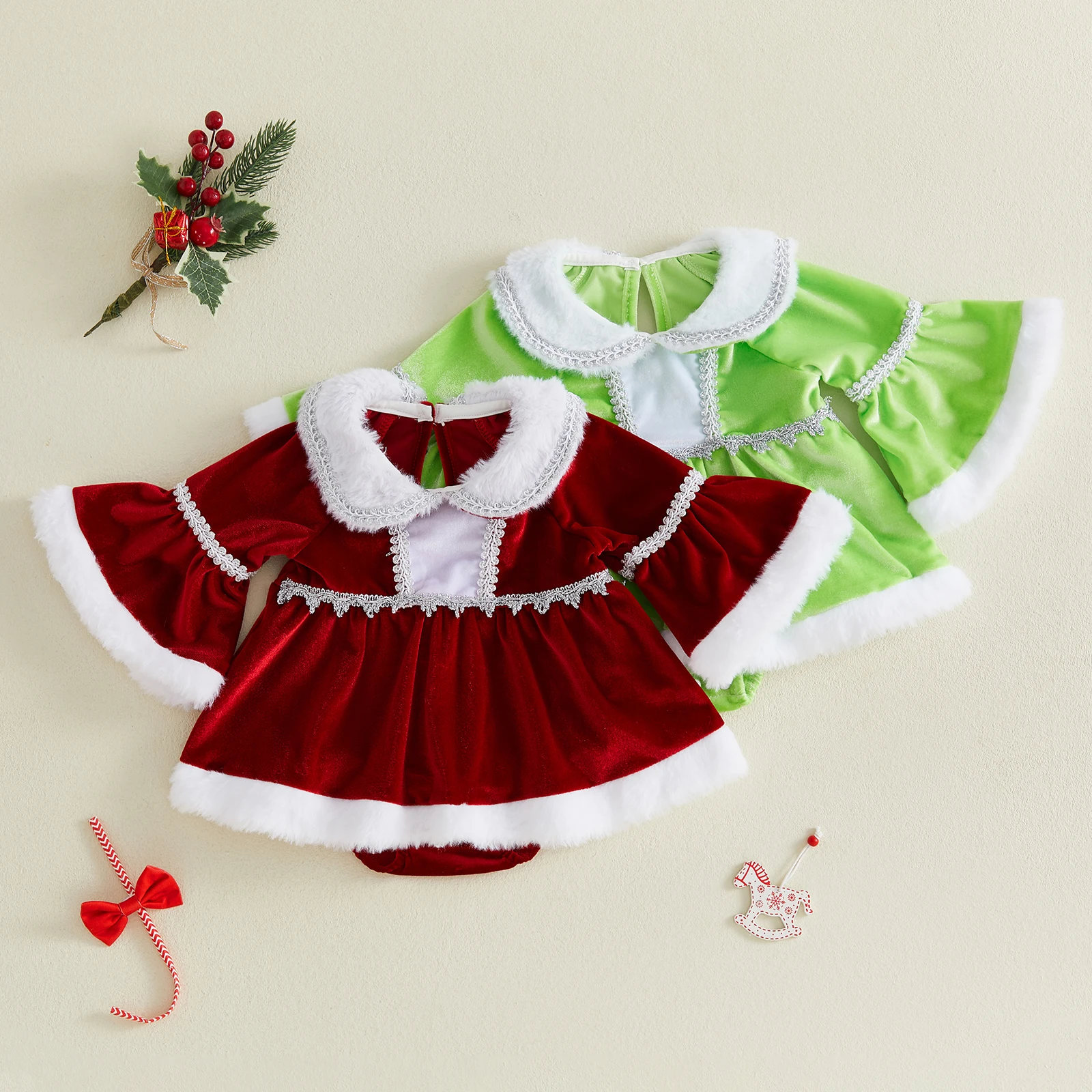 0-18M Baby Girl Christmas Romper Dress Fashion Fur Trim Doll Collar Long Bell Sleeve Velvet Jumpsuits