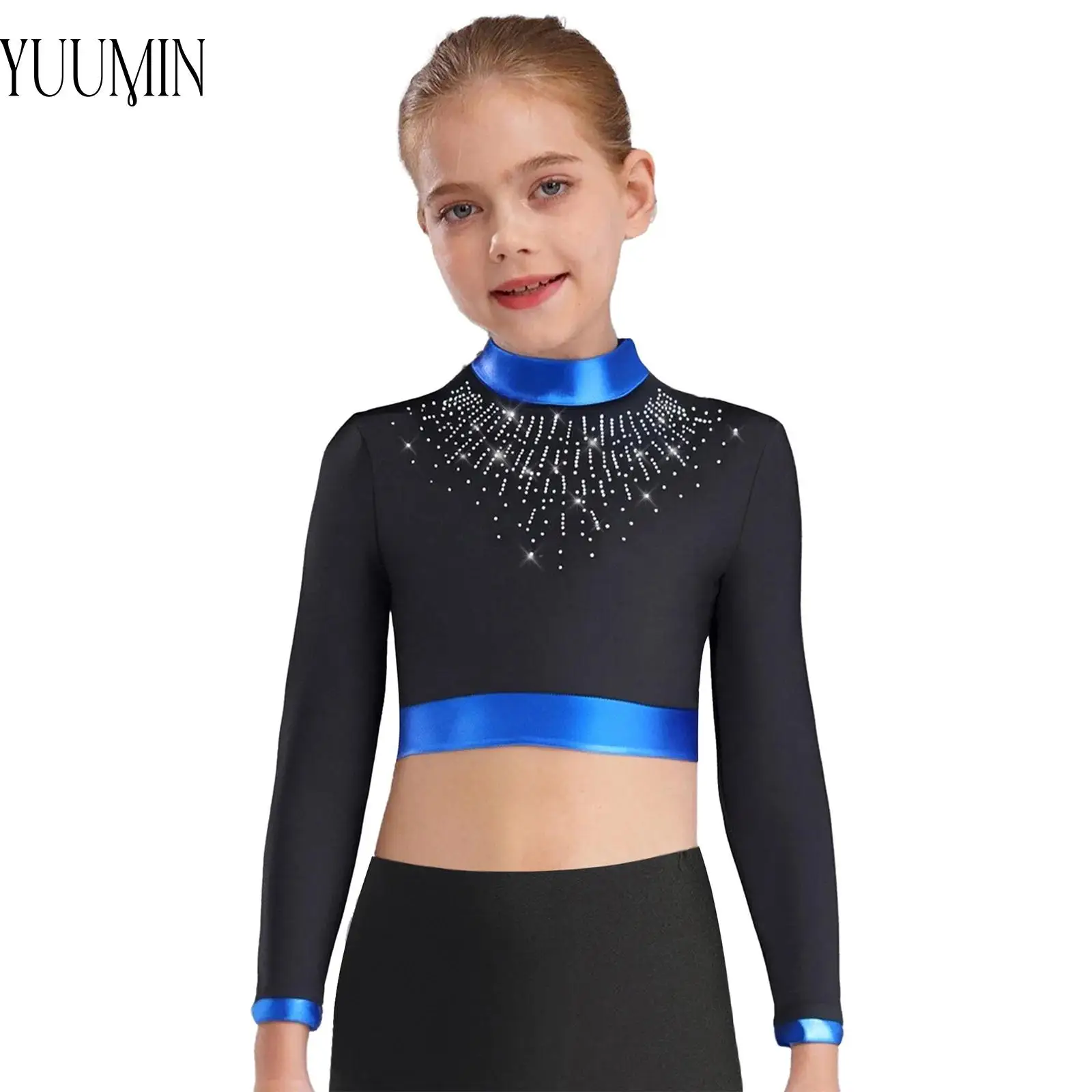 

Kids Girl Ballerina Dancewear Figure Ice Skating Gymnastics Performance Costume Metallic Long Sleeves Shiny Rhinestones Crop Top