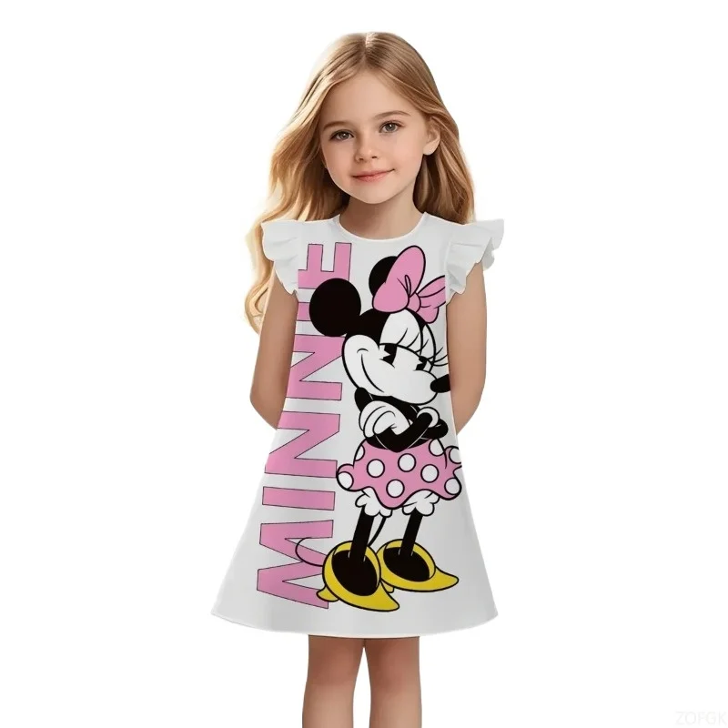 فستان صيفي للفتيات بتصميم جديد فستان أميرات ميكي ماوس بأكمام قصيرة للأطفال بأكمام طائرة