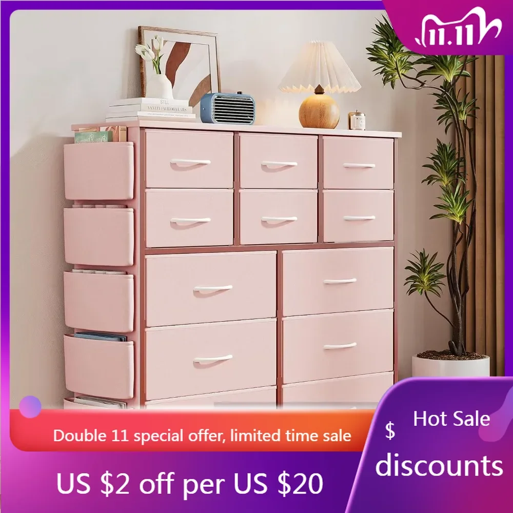 12 Dresser for Bedroom, Chest of Drawers for Bedroom with Side Pockets and Hooks, Fabric Storage Dresser, Sturdy Steel Frame