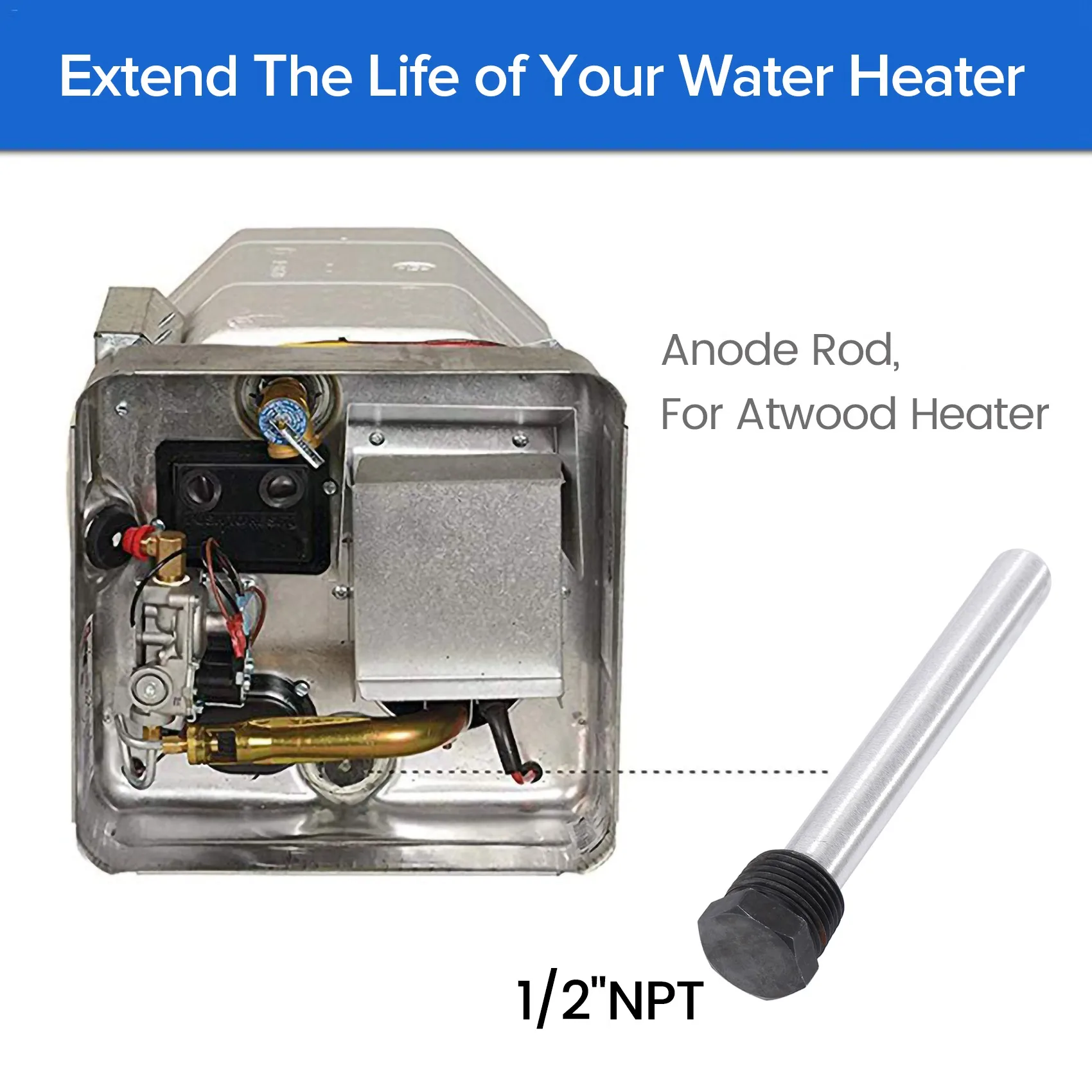 Новый магниевый анодный стержень водонагревателя для нагревателей Atwood, 2 упаковки 1/2 дюйма NPT Анодный стержень резервуара для горячей воды RV для нагревателя RV