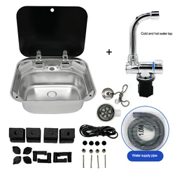 Fregadero de lavabo de acero inoxidable 304 con solapa cuadrada de vidrio templado, accesorios de Camping aptos para caravanas