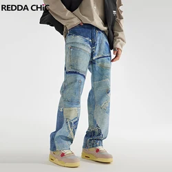 REDDACHIC Creative Denim Print Baggy Jeans Men Distressed Low Waist Wide Leg Casual Pants Skater Trousers Retro Y2k Streetwear