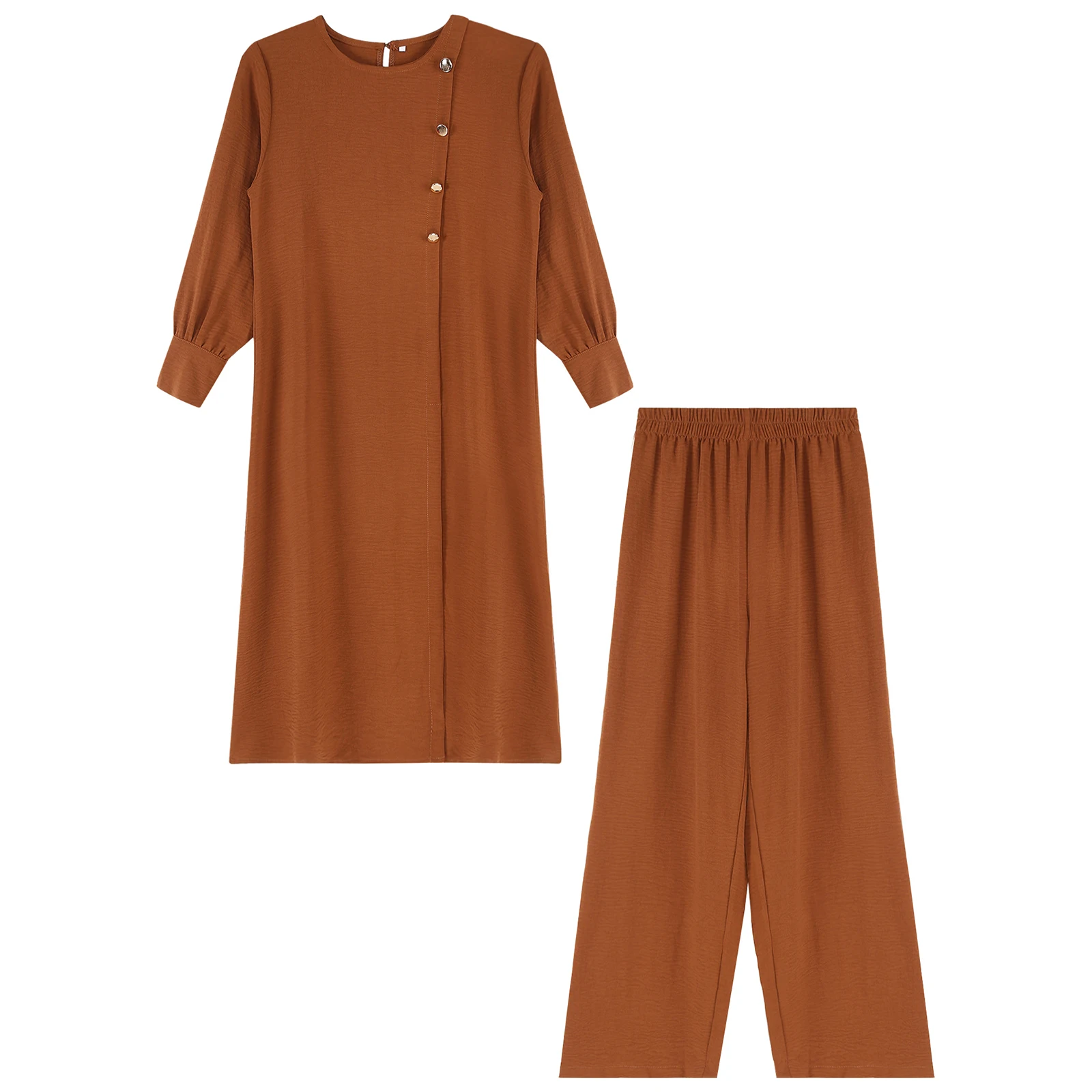 Conjuntos musulmanes islámicos para mujer, traje de 2 piezas con botones, manga larga, abertura lateral, bata larga, camisa, pantalones, ropa islámica de Arabia