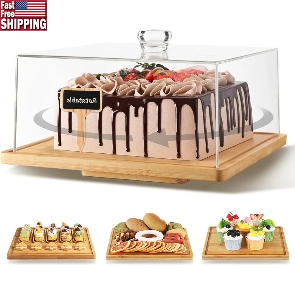 

Rotatable Square Cake Stand Cake Display with Clear Acrylic Dome Bamboo Dessert Holder Cakes Cupcakes Pastries Appetizers