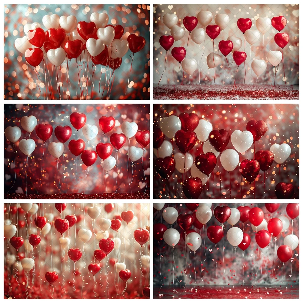 

February 14 Valentine's Day Backdrop Glitter Light Bokeh Red Love Heart Balloons Valentine Portrait Photography Background