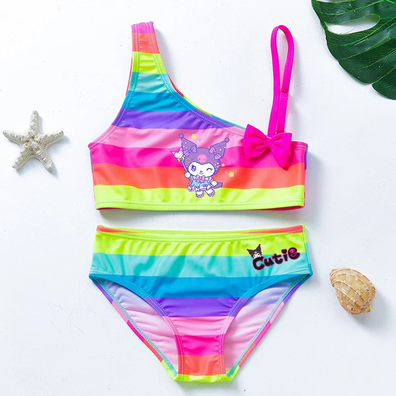 

Kuromi 2pcs Girl Bikini Tankini Swimsuit Colorful Striped Graphic Bow Top Set Kid Summer Beach Clothes Bathing Suit Swimwear