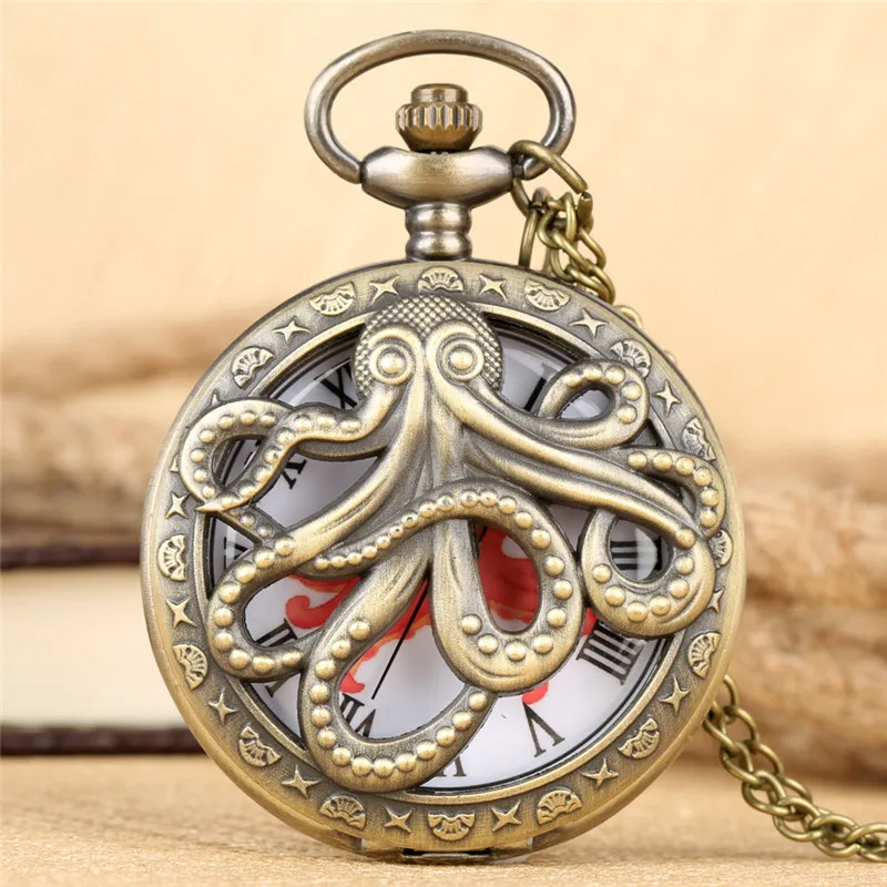 Bronze Hollow Out Case 3D Octopus Cover Metade Hunter Antique Timepiece Quartz Pocket Watch Homens Mulheres Colar Cadeia Relógio Reloj