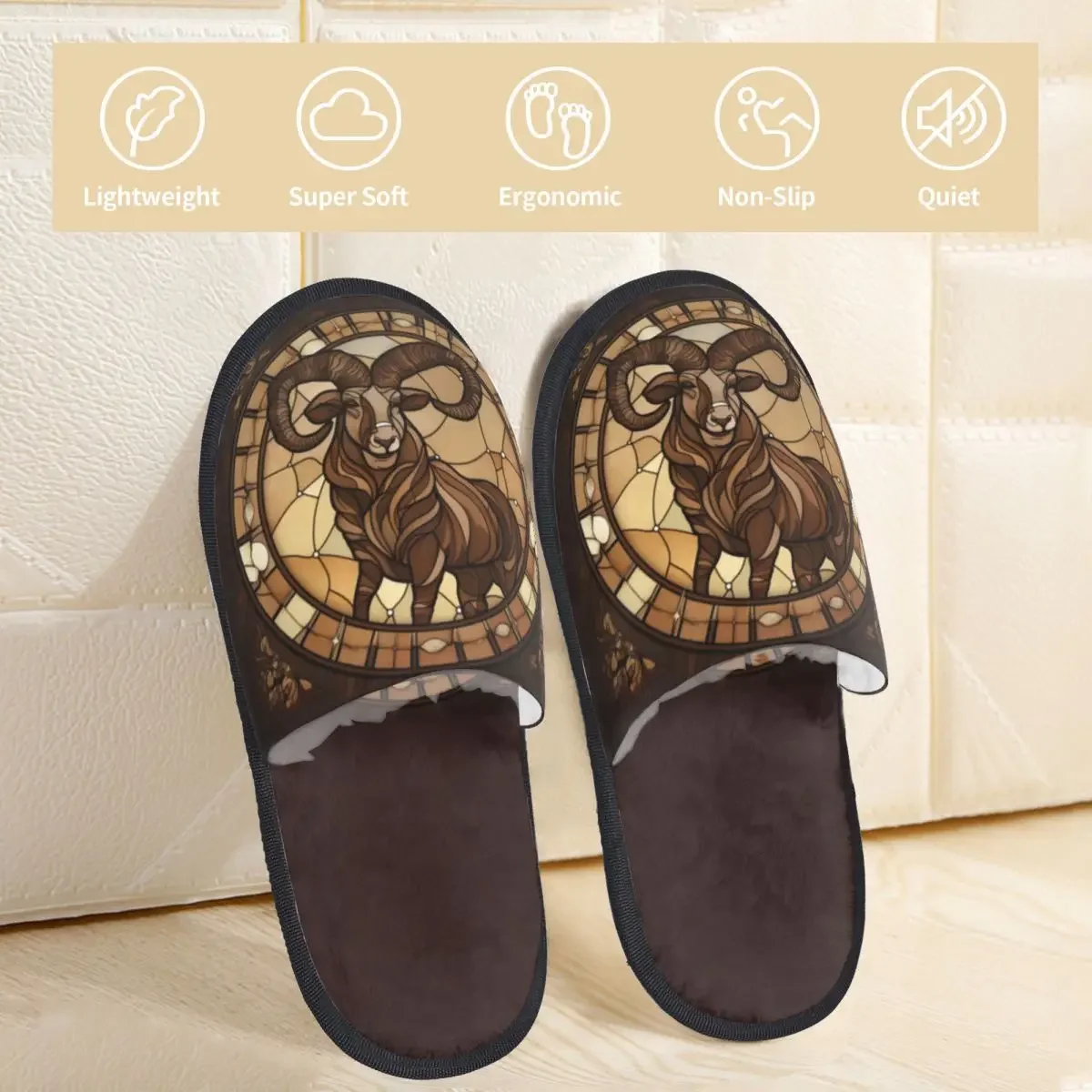 Soft Plush Cotton Stained Glass Style With Ram Slippers Shoes Non-Slip Floor Indoor Furry  For Bedroom