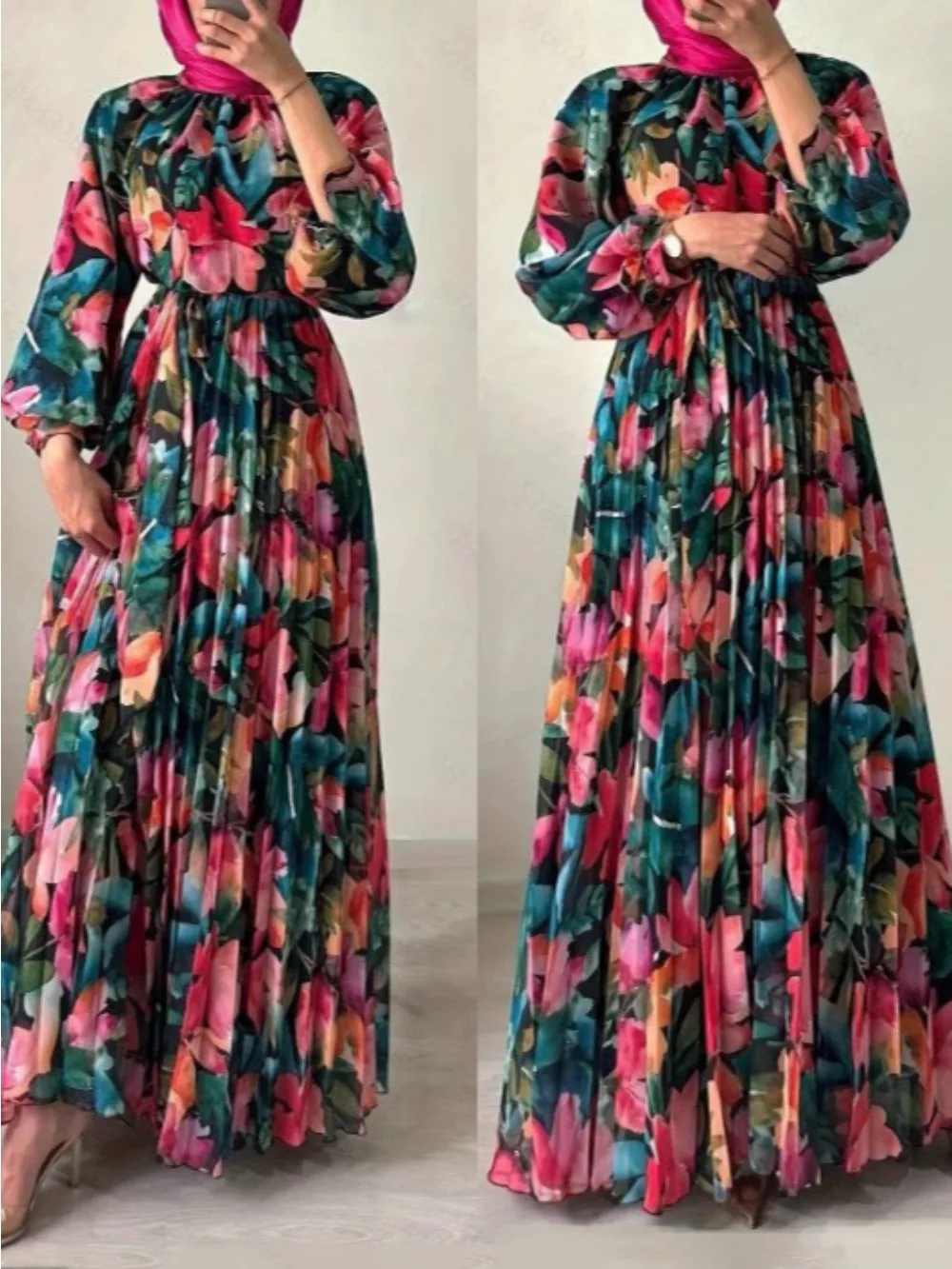 Ramadan Eid Moslim Abaya voor Vrouwen Bloemenprint Jurken Jalabiya Plooien Vestidos Islam Arabische Lange Gewaad Marokko Dubai Abaya Kaftan