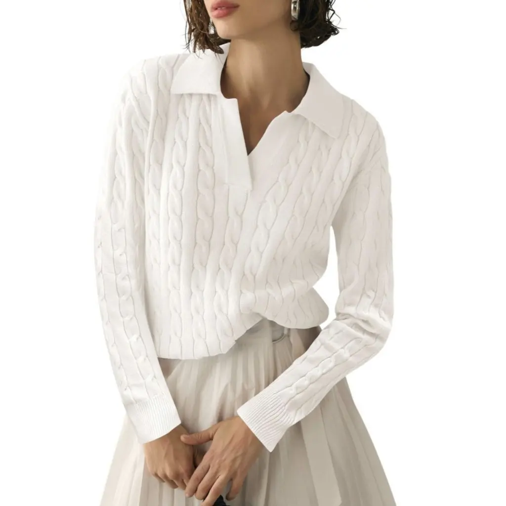 뉴 렐름 여성용 브이넥 케이블 니트 풀오버 부드러운 스웨터 가을/겨울 턴다운 칼라 캐주얼 탑 유럽 및 미국 스타일