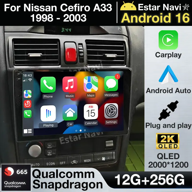 Wireless Carplay Android 16 For Nissan Cefiro A33 1998 - 2003 GPS Multimedia Player Navi Head Unit Stereo Car Radio 360 Camera