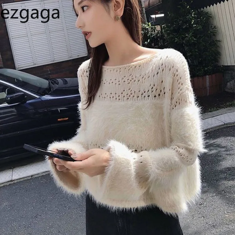 Ezgaga Sweater Women Hollow Out O Neck Furry Patchwork Long Sleeve Elegant Sexy Pullover Sweet Fashion Autumn Winter Knit Jumper