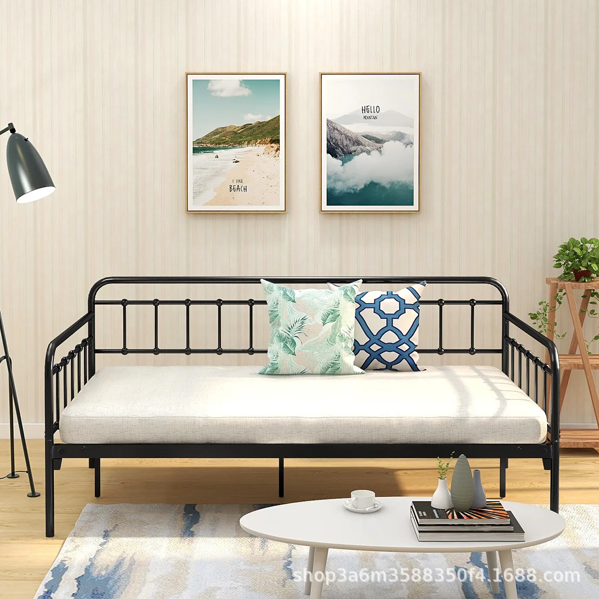 LH Wrought Iron Sofa Bed with Railing, Dual-Use Iron Frame Bed