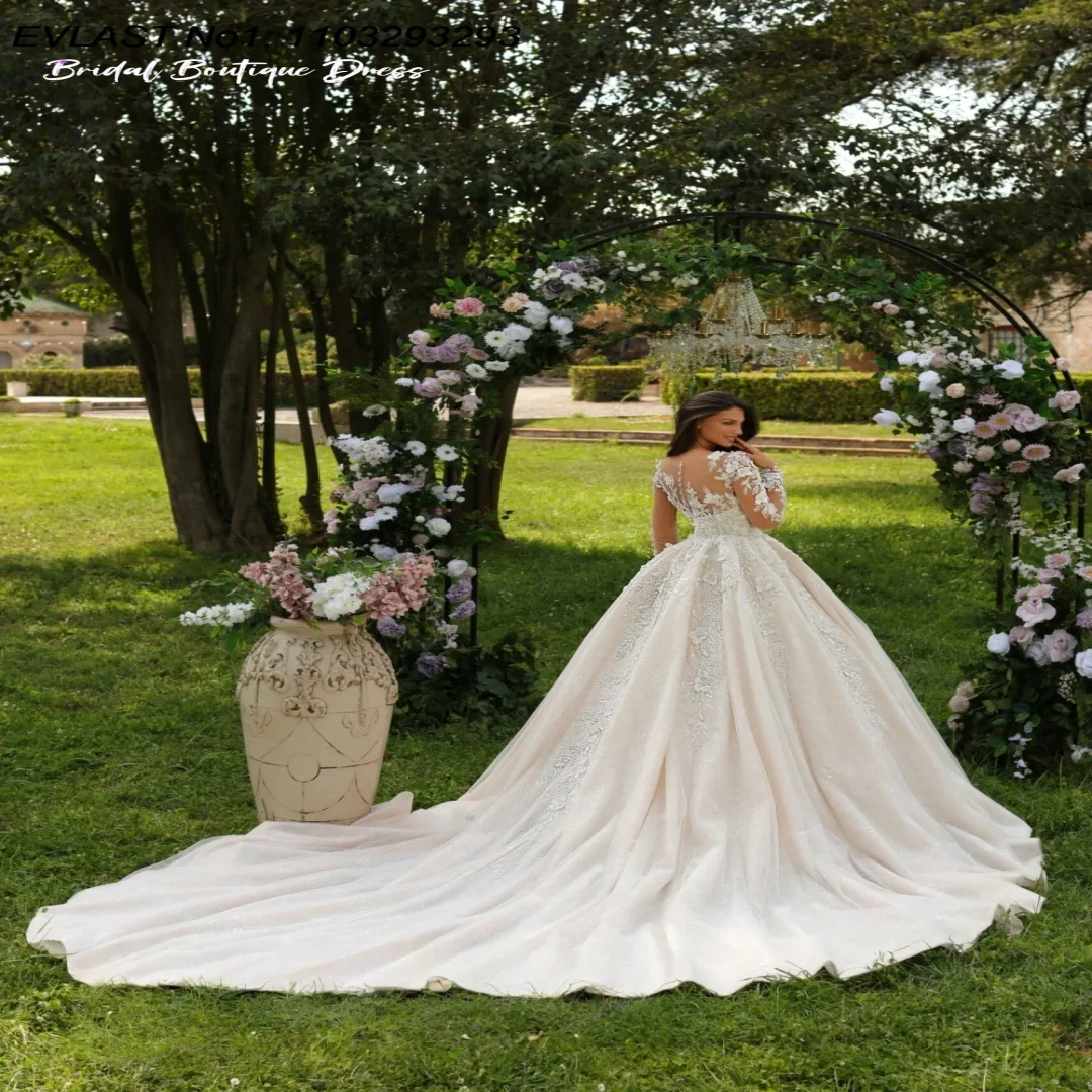 Abito da cerimonia nuziale squisito personalizzato con linea A, applique in pizzo floreale, manica lunga, abito da sposa con perline di cristallo