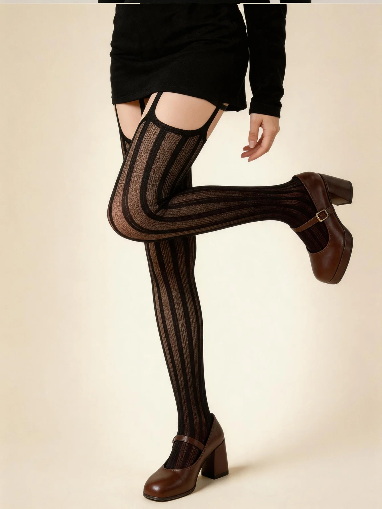 Sexy Black Garter Style Vertical Stripe Thigh High Stockings, Sheer Suspender Hosiery for Club Date Night All-Match Outfits