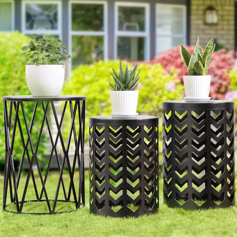 

Set of 3 Black End Tables, Nesting Metal Round Coffee Table, Heavy Duty Meta Plant Stand Decorative Garden Stool, Outdoor