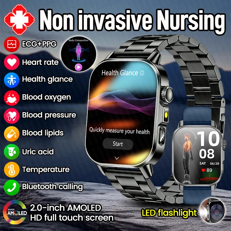 New Non-invasive Nursing Smart Watch Men ECG+PPG BP Uric Acid Blood Oxygen Health Glance Man Bluetooth Call AMOLED HD Smartwatch