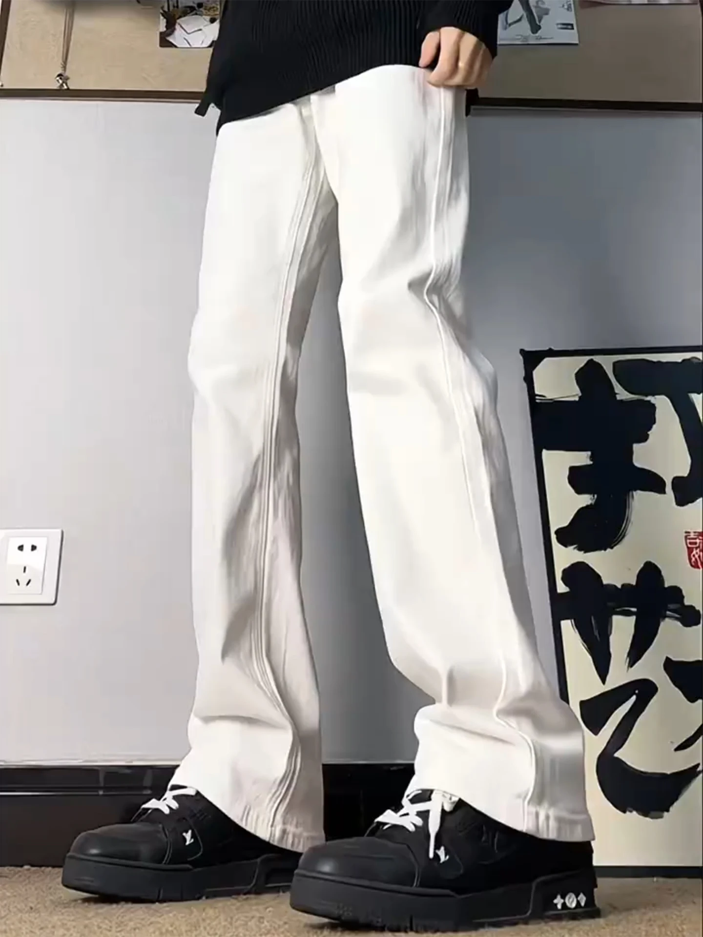 

White Micro Flare Denim Jeans Men's Spring Autumn American High Street Straight Leg Cleanfit Slim Fit Pants