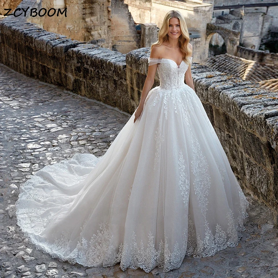 

Sparkling Tulle Off Shoulder Sweetheart Ball Gown Wedding Dress 2024 Sleeveless Lace Appliques Women Bride Gown Vestido De Noiva