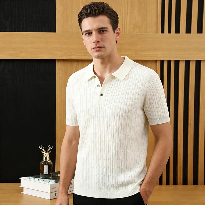Men's Summer Short Sleeve POLO Collar T-Shirt Casual Business Lyocell Linen Knitwear Fashion Twisted Flower Pullover Vest Tees