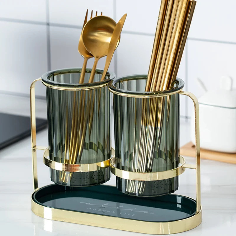 

Household Golden Chopsticks Rack Drain Knife and Fork Storage Bucket Tableware Box Simple Alloy Spoon Chopstick Holder