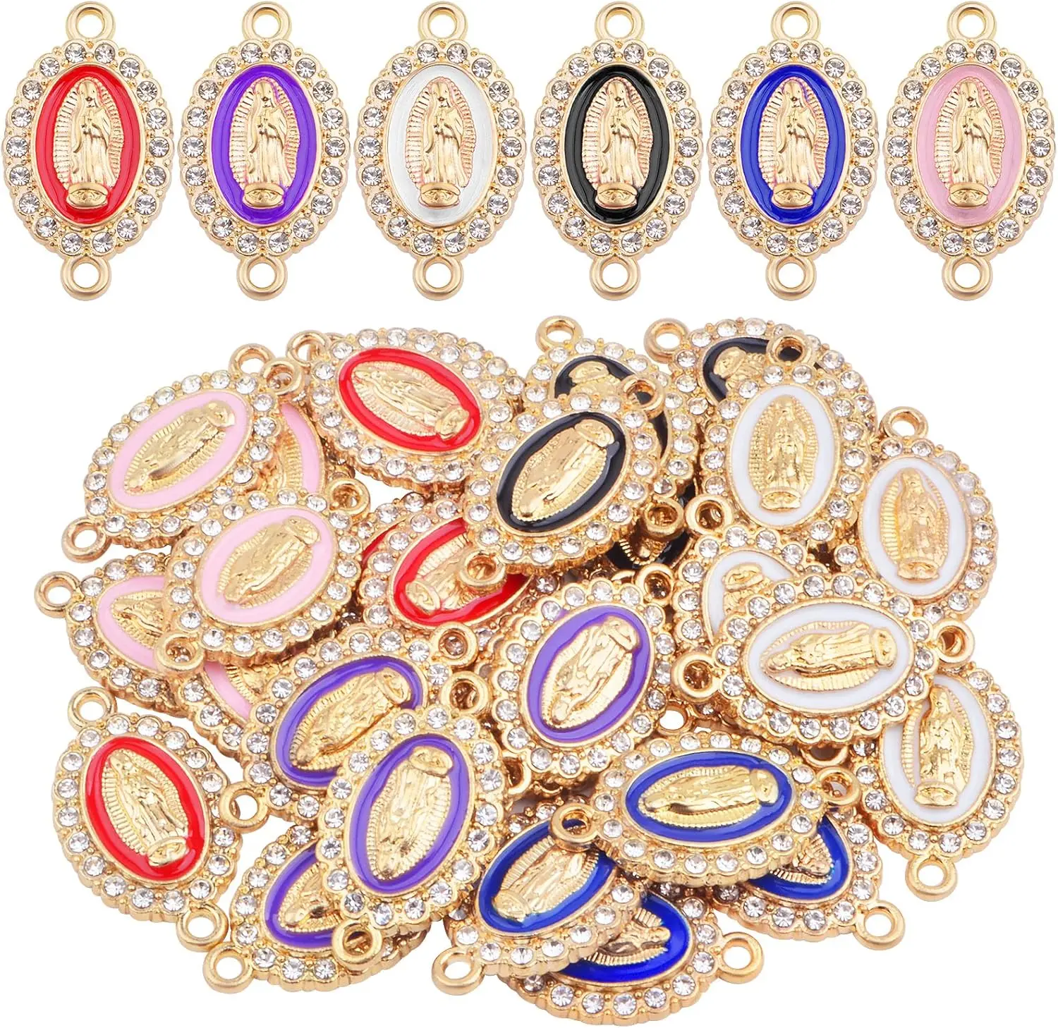 60pcs Alloy Virgin Mary Charms with Rhinestones Our Lady Medal Connection Bracelet Pendants for DIY Necklace Jewelry Making