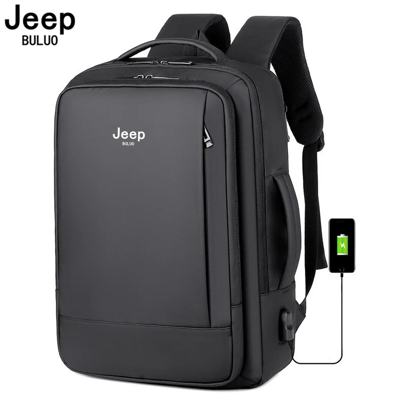 JEEP BULUO-mochila con carga USB para hombre, morral resistente al agua de alta calidad para ordenador portátil, mochila escolar de diseñador de