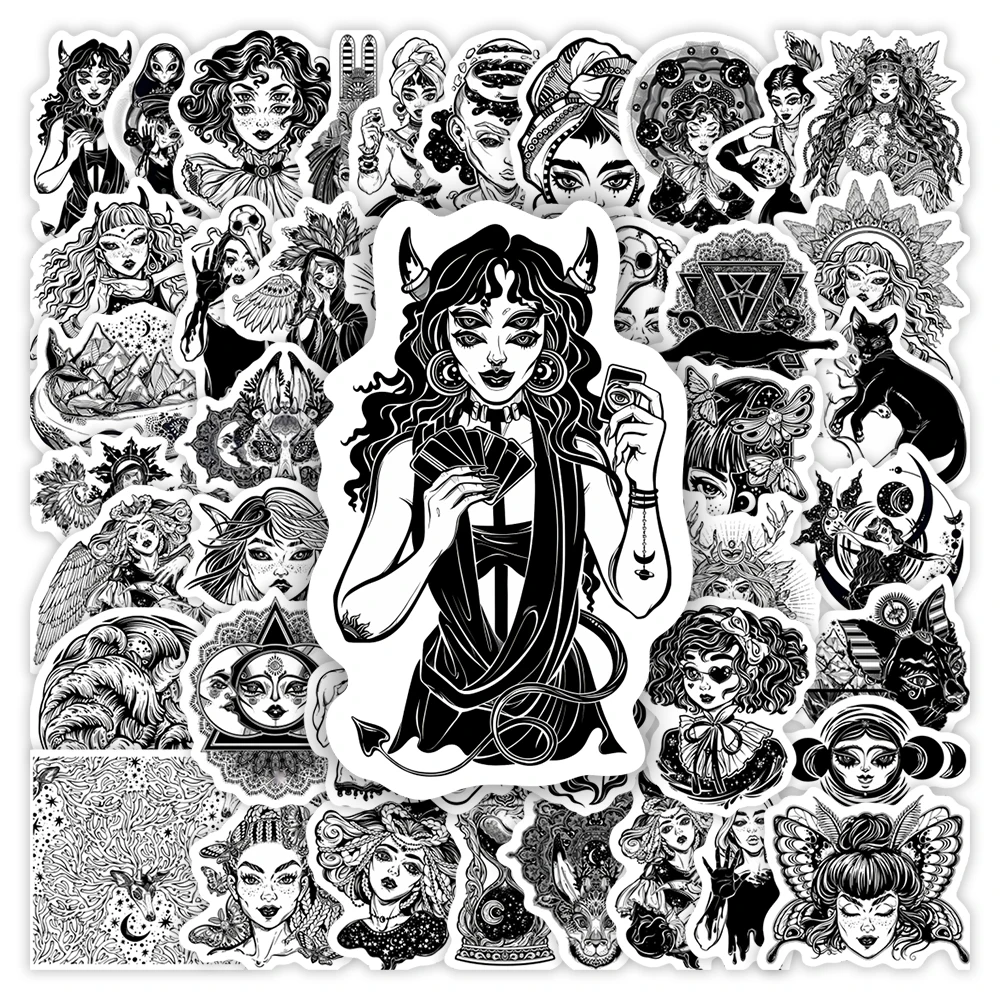 Fantasy Gothic Witch Stickers Black White DIY Toys Gift Decorative Decal for Laptop Phone Scrapbook Diary Luggage Waterproof