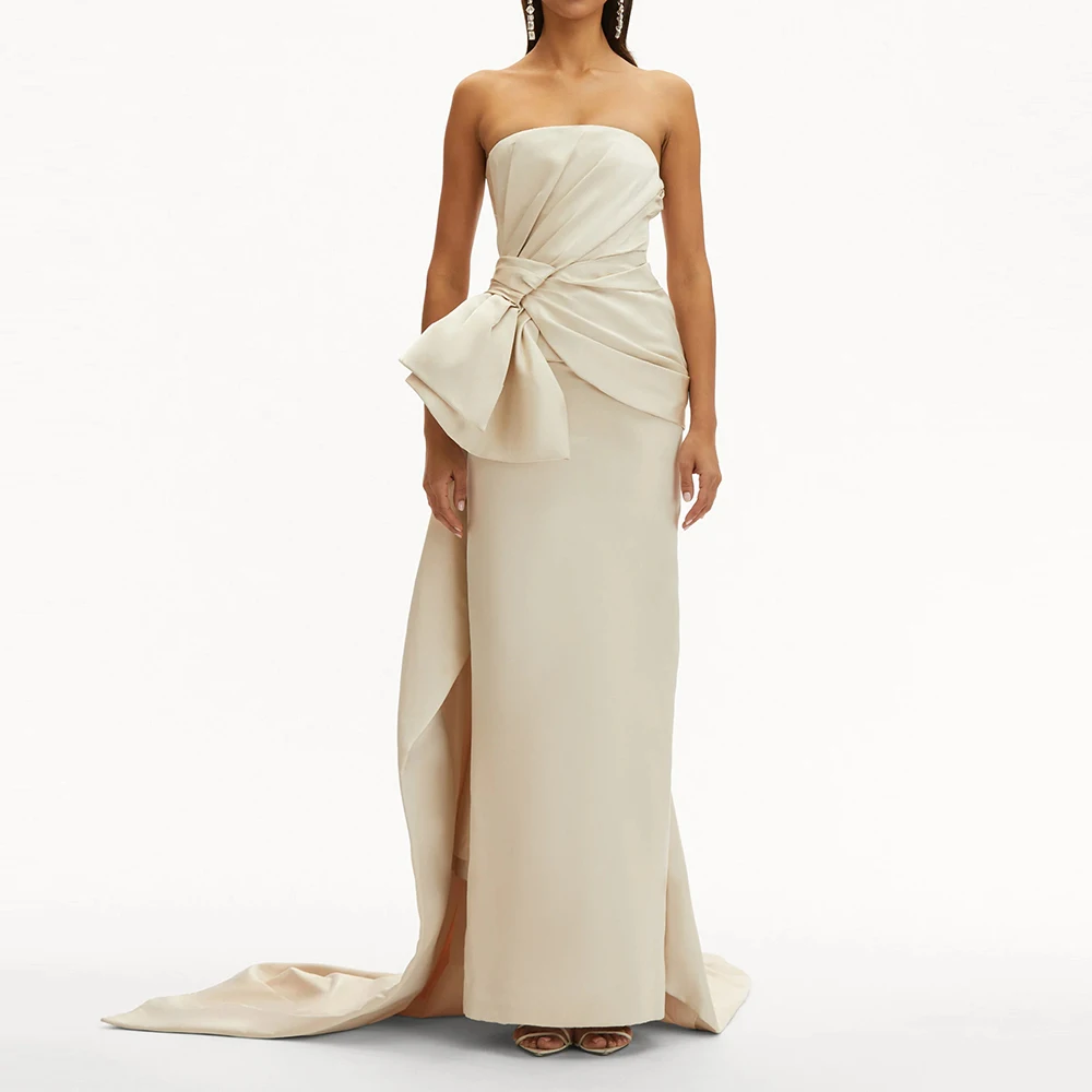 

Customized Trailing Bow Pleat Strapless Straight Prom Dress Wedding Modern Style Evening Party Exquisite Cocktail Evening Dress