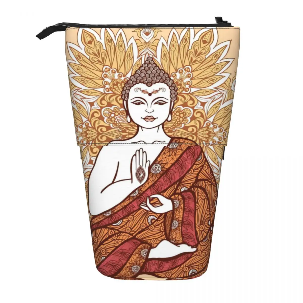 Buddha With Ornamental Mandala Pen Box Student School Zipper Pen Bag Pencase Vertical Retractable Pencil Case