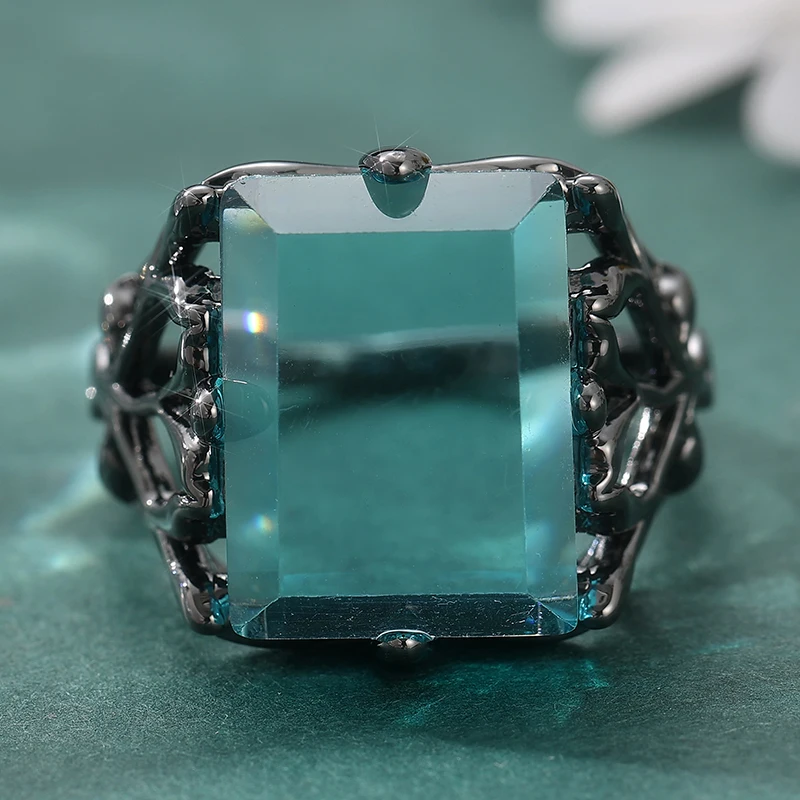 Vintage-Ring für Damen mit eingelegtem meerblauem CZ, ethnisch, schwarz, handgeschnitzt, hohl, für den Alltag, Party-Schmuck, Jubiläumsgeschenk – Detail 2