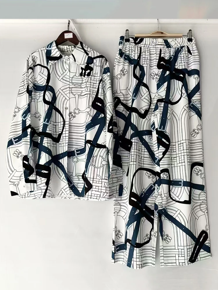 レトロ幾何学模様プリントラペルストレートレッグシャツツーピースセット 2025秋 レディースウェア + ウエストゴム入りルーズワイドレッグパンツセット