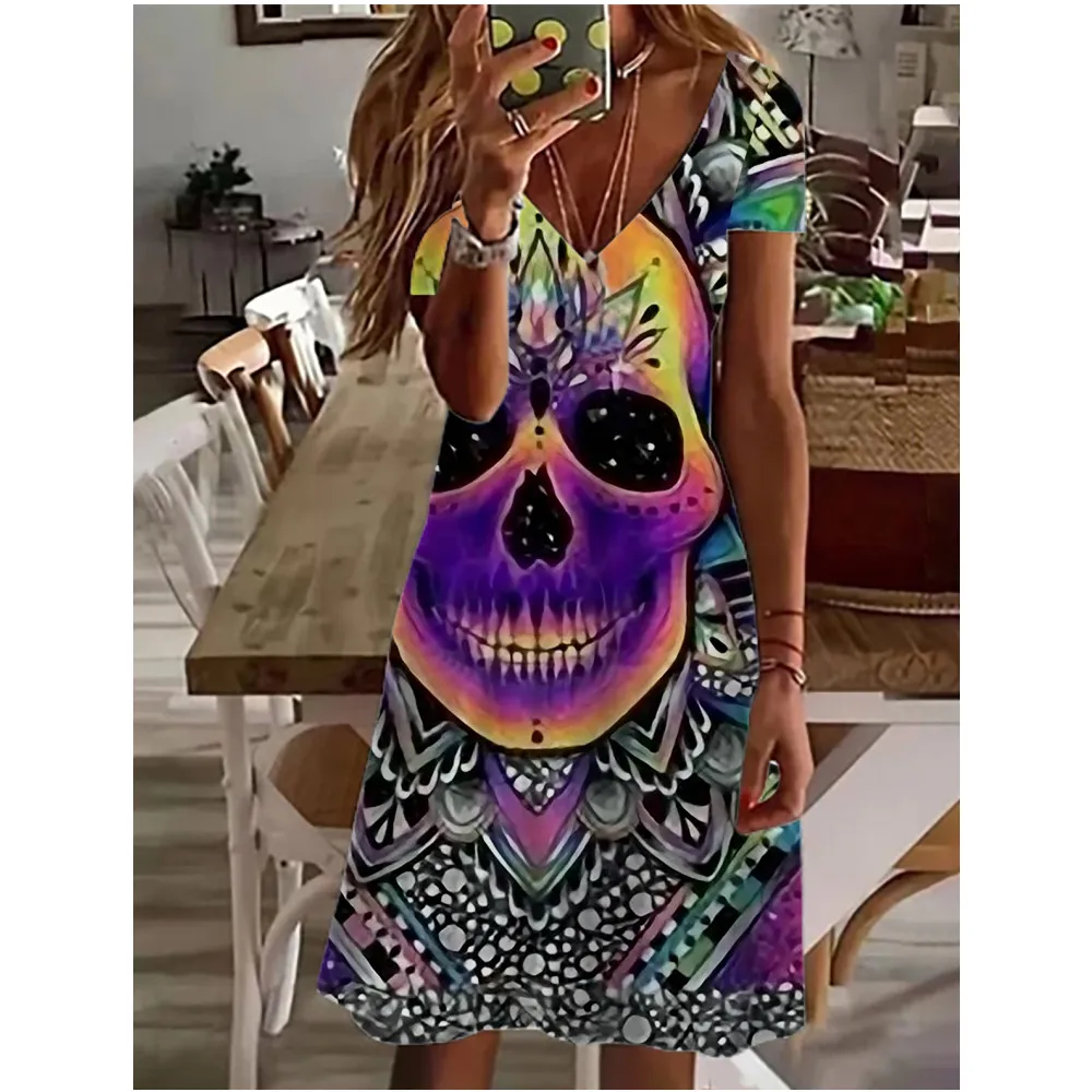 

Fashion Skull Printed Women's Dress Summer Loose Mini Dress 3D Pattern Short sleeved V-neck Casual Women's Dress