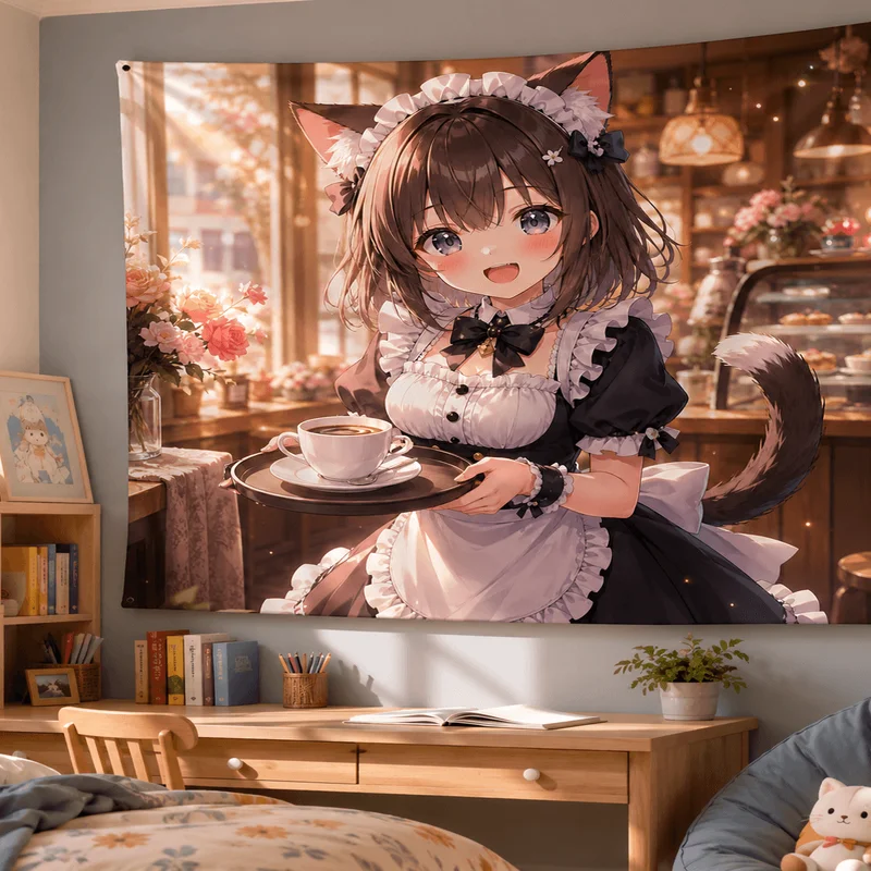 VIKAMA Sunshine Kitchen Baking Cat Maid Tapestry Pink Sweet Girl Heart Cat Ear Maid Printed Hanging Cloth Anime Room Decoration
