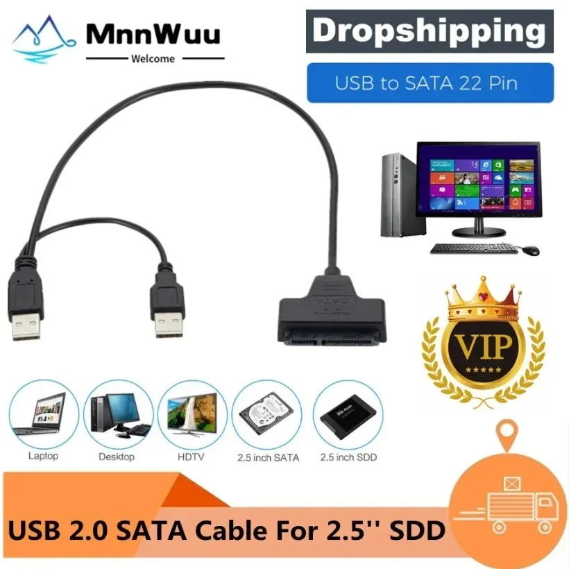 MnnWuu-Cable SATA a USB 2,0, adaptador de 22 pines para disco duro externo HDD SSD de 2,5 pulgadas, Cable USB 2,0 a SATA