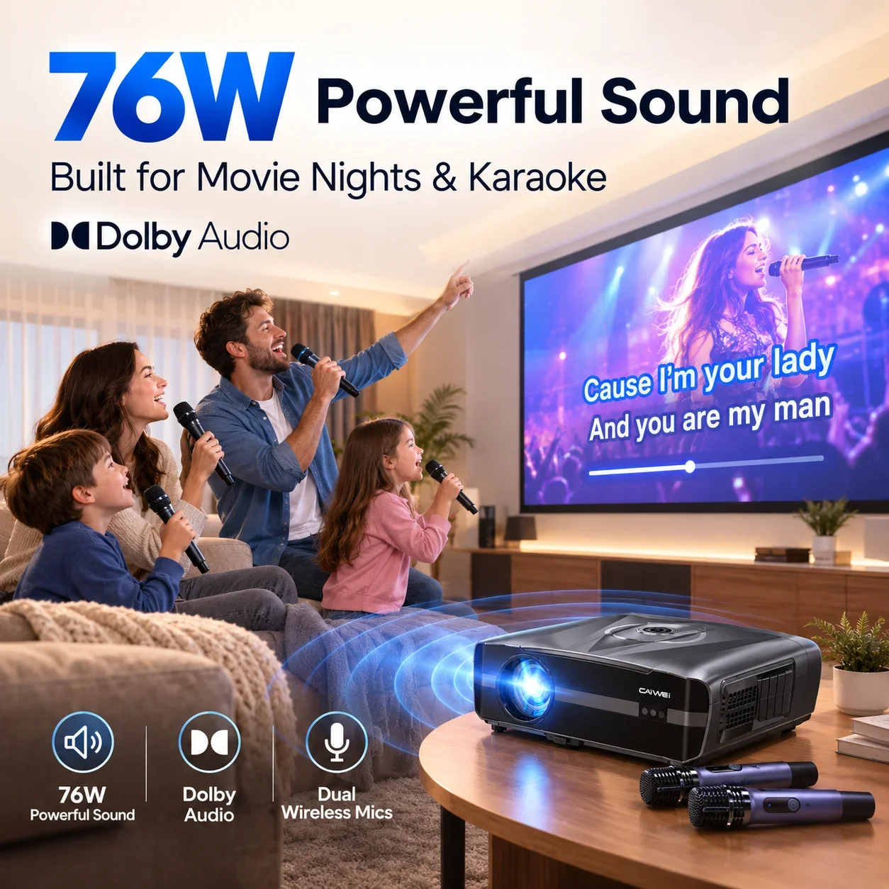 CAIWEI A9X 2026 New 4K UHD Projector Google TV 4200ANSI Android 14 Home Theater Karaoke 2 Mic Dual 38W Speakers Auto Focus Smart