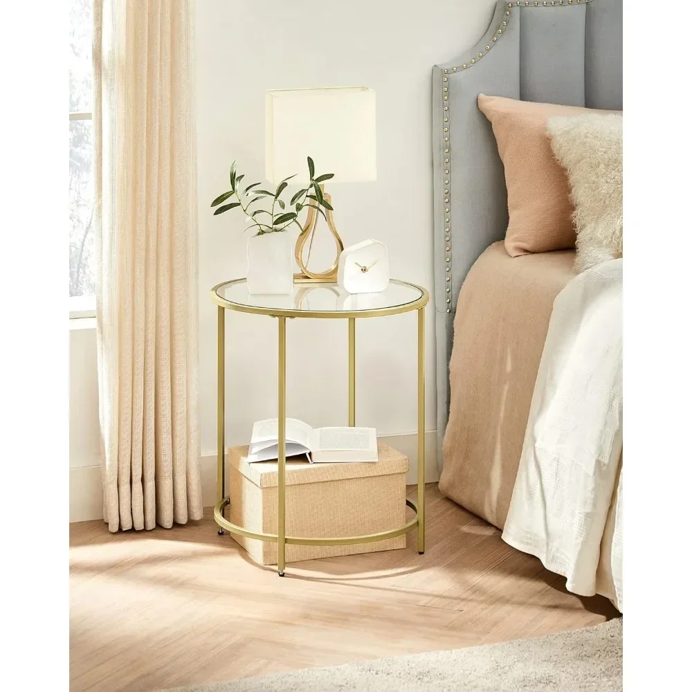 

A For Round Side Table, Glass End Table with Metal Frame, Gold Coffee Table with Modern Style, for Living Room, Balcony