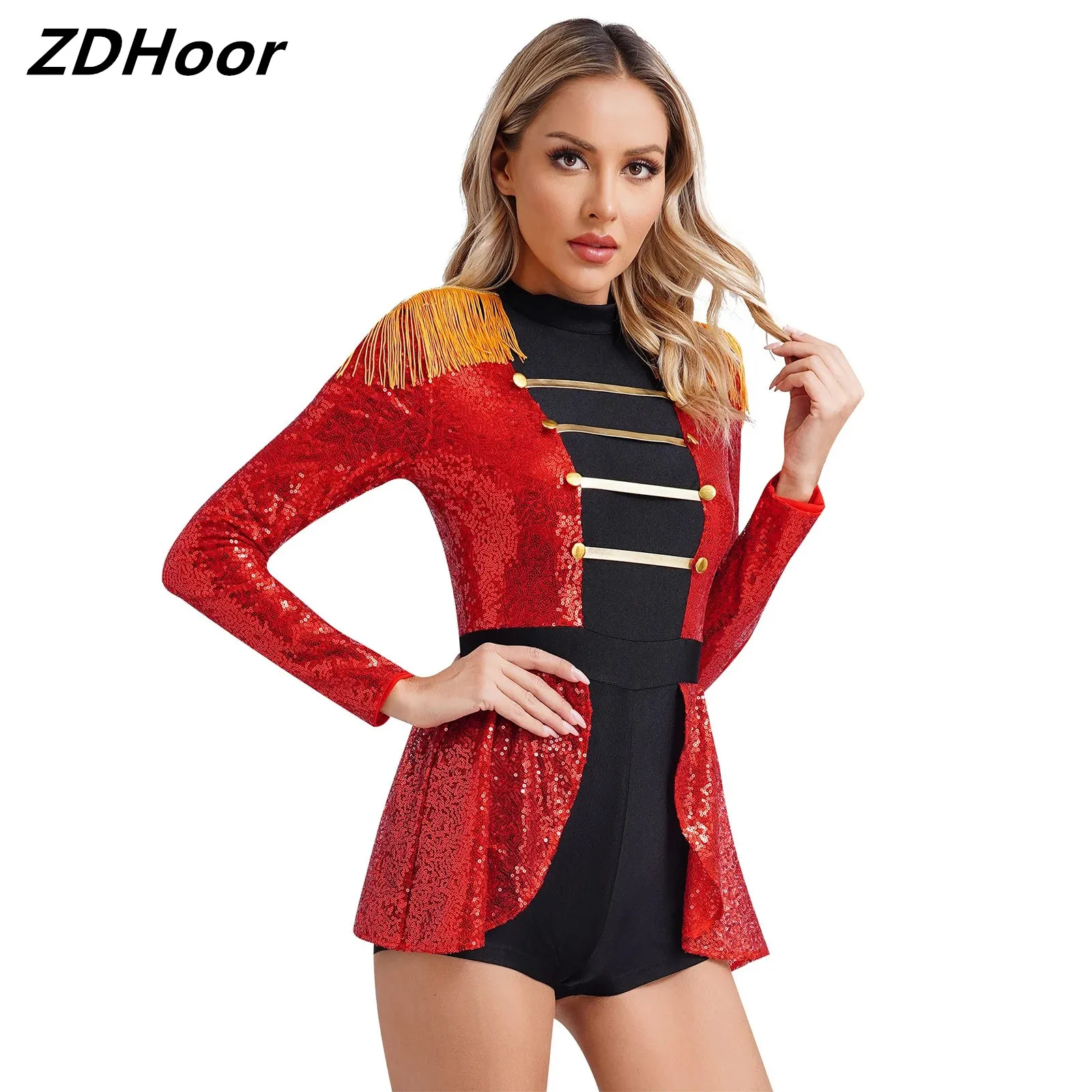 

Womens Circus Ringmaster Leotard Jumpsuit Sparkly Sequin Tassel Shoulder Boards Skirted Boyshorts Bodysuit Halloween Costume